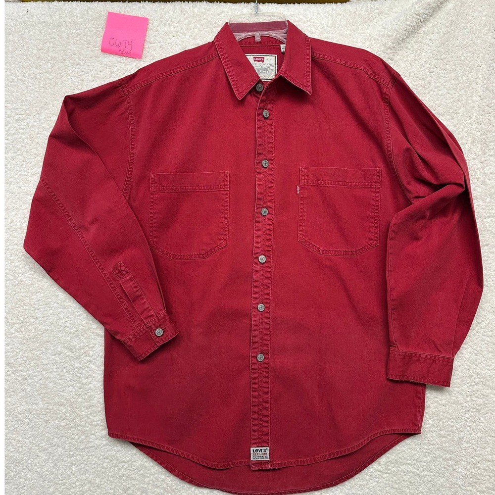 Levis Red Tab Mens Medium Red Long Sleeve Cotton Button Down Denim Shirt
